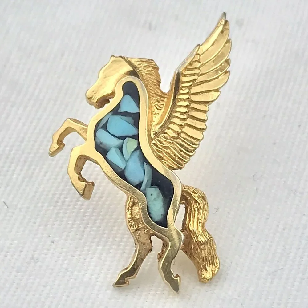 Pegasus Turquoise Pin Gold Tone Brooch Marked Signed